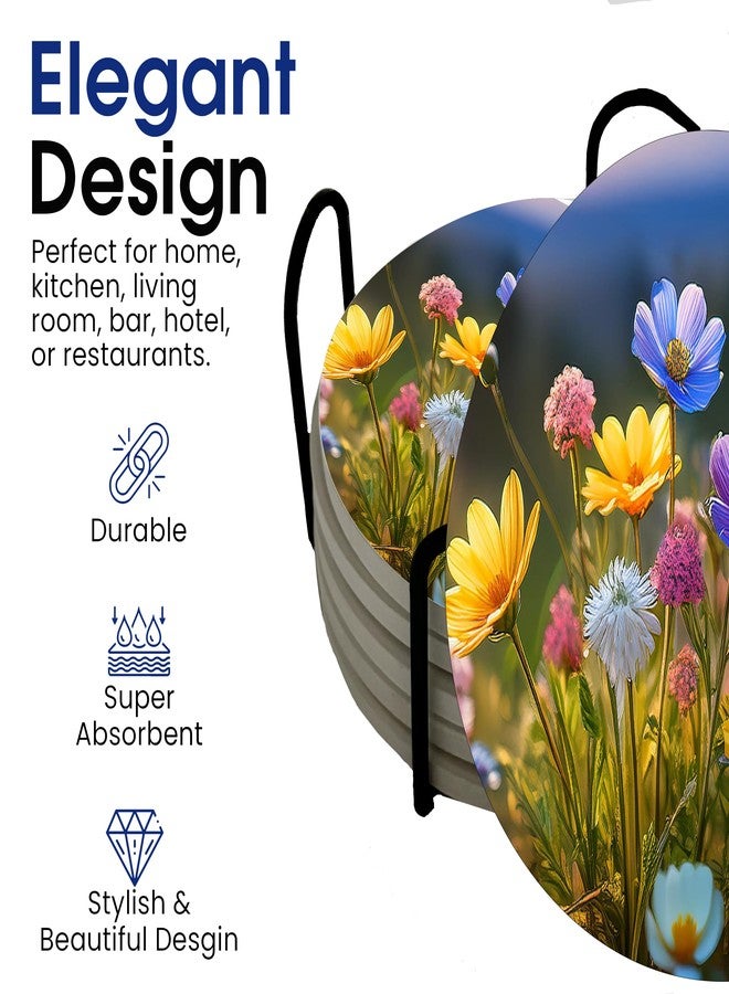 DAJDC Flowers Wildflowers Floral Round Coasters Set of 6 - Abosrbent Ceramic Coasters with Metal Stand for Drinks, Coffee, Non-Slip Cork Back for Tabletop Protection, 4 Inches (Wildflowers) - Image 5